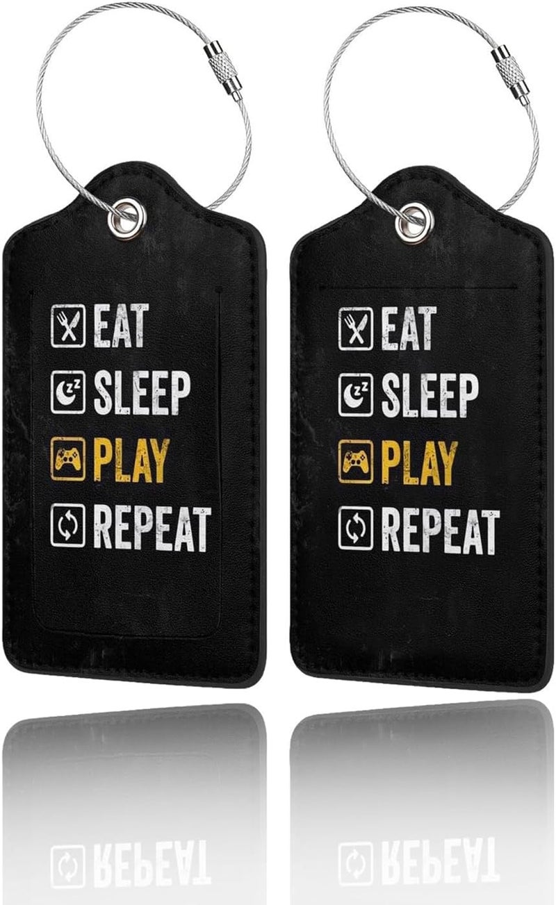 GACCAP 2 Pack Luggage Tags for Suitcase, Privacy Cover ID Label with Stainless Steel and Address Card for Travel Bag Backpack Cruise Ship Essentials Tag Men Boys - Eat Sleep Play Repeat - Image 1